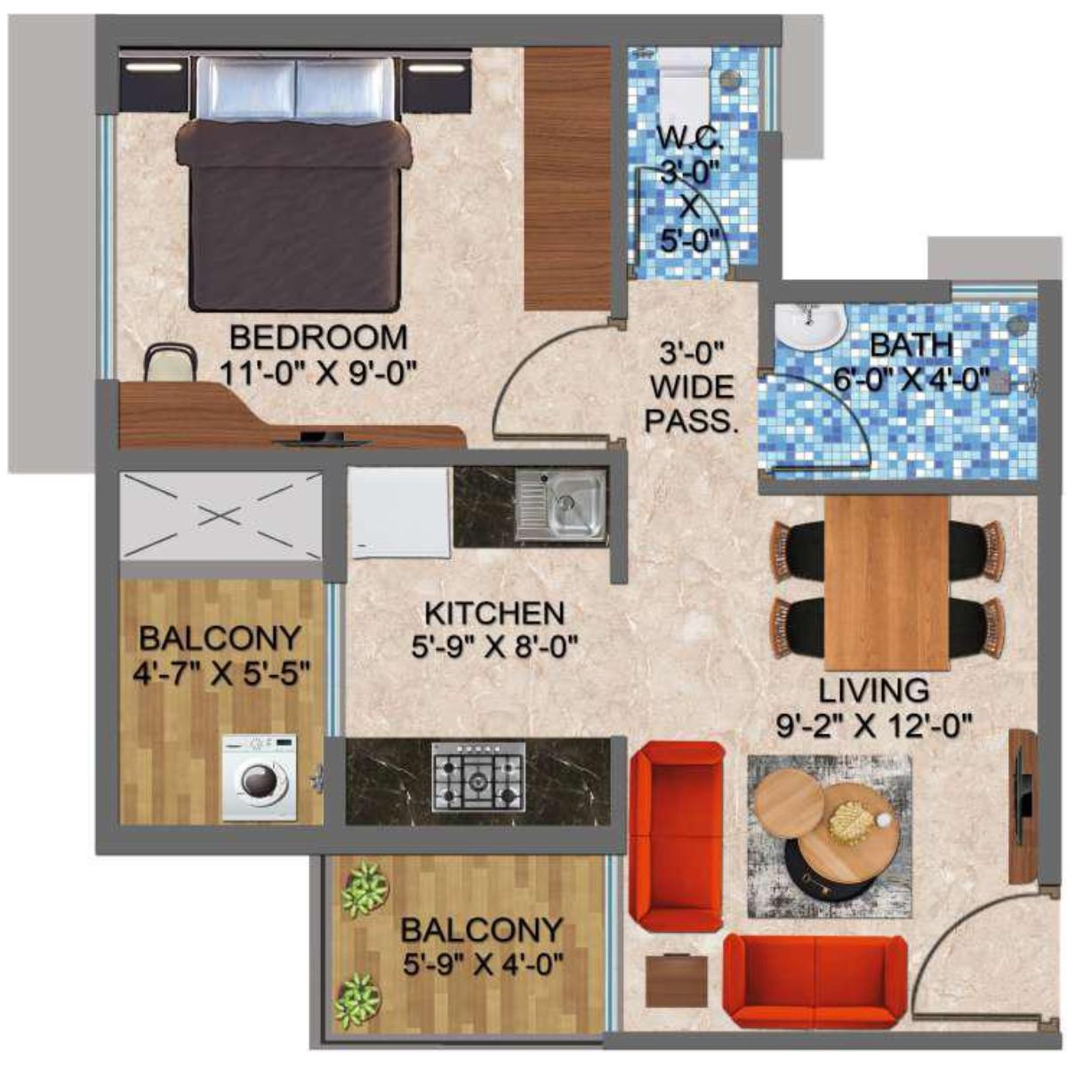 Arihant-Sports-City-Floor-Plan-1-BHK-Type-C-with-Terrace